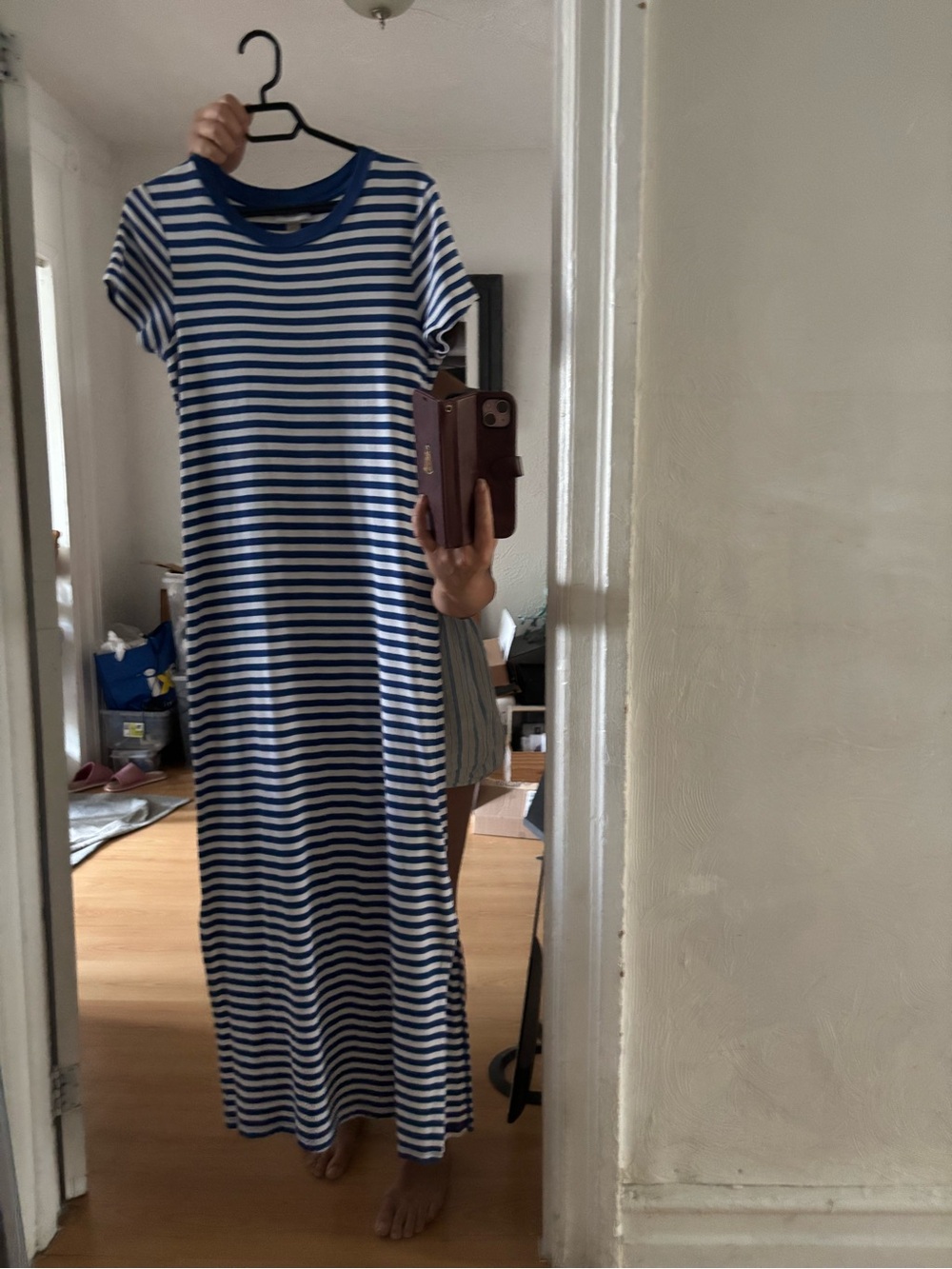 Calvin Klein Blue and White Striped Maxi Tee Dress